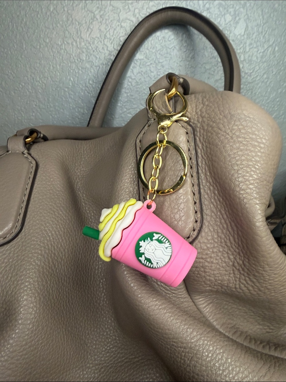 Starbucks Style Pink Frappuccino Bag Charm with Gold Hardware